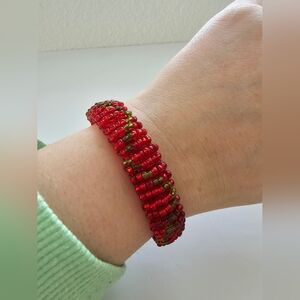 Vintage Hand-Woven Glass Seed Bead Tube Bracelet | Red & Green Geometric Boho